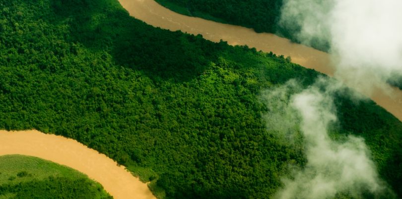 Aerial shot of landscape with river in Borneo