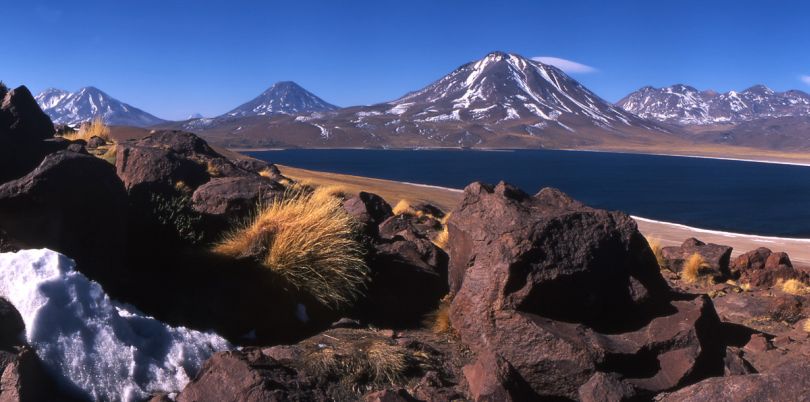 View of a lake in the mountains of the Atacama desert in Chile