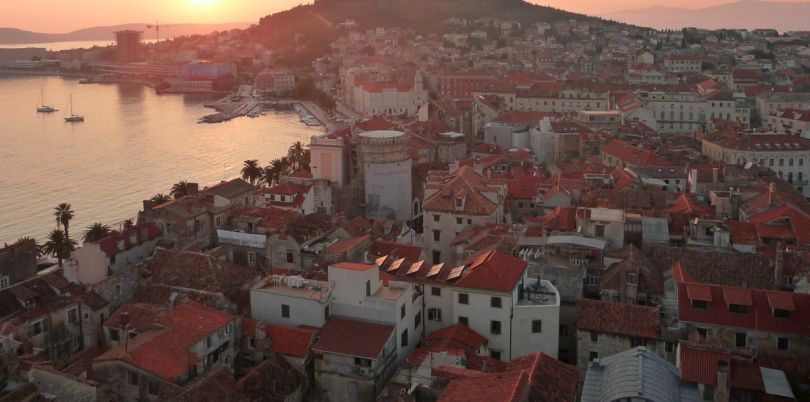 Overlook of a city in Croatia at sunset