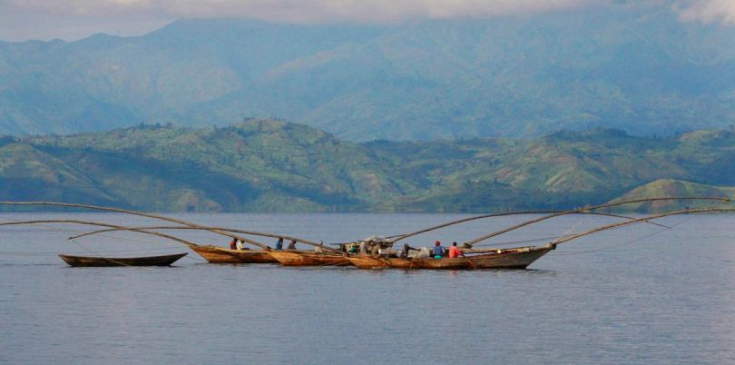 People on their boats fishing in the Congo River in the Democratic Republic of Congo