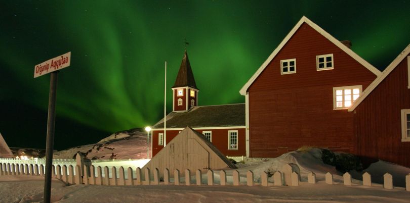 Northern Lights behind a house, Organip, Aggutaa, Greenland