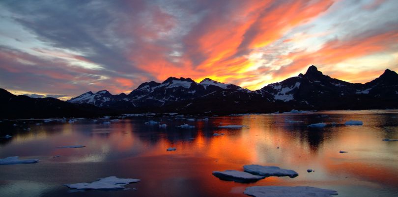 Sunset over melting ice in Greenland