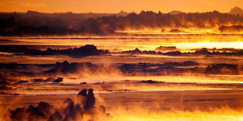 Sunset over misty waters in Greenland