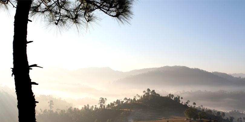 Sunrise and mist over Kumaoni hills, India