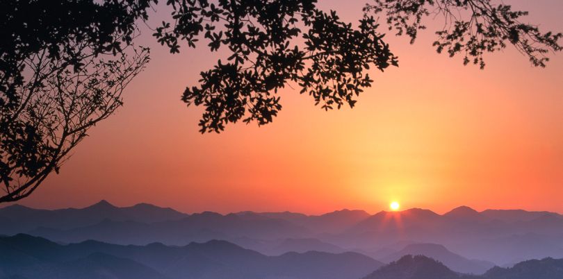 Sunset over a mountain range in Japan