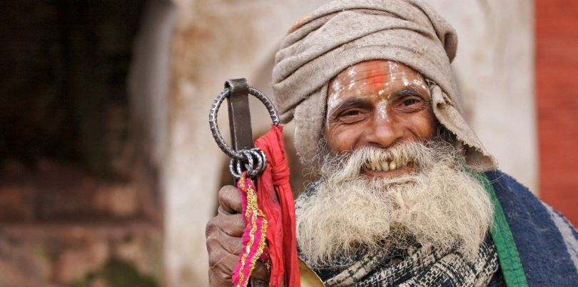 Smiling old man in Sadha Burbar Square, Nepal
