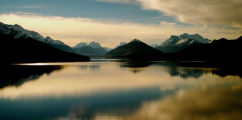 Water and landscape at sunrise, New Zealand