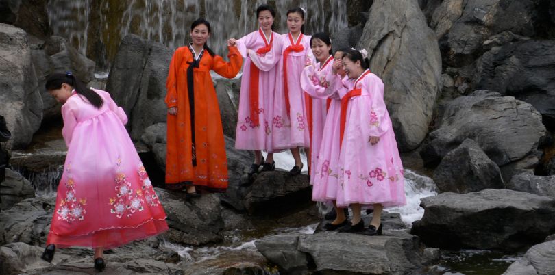 Girls in traditional dress at the Pyongyang Fountain Park, North Korea