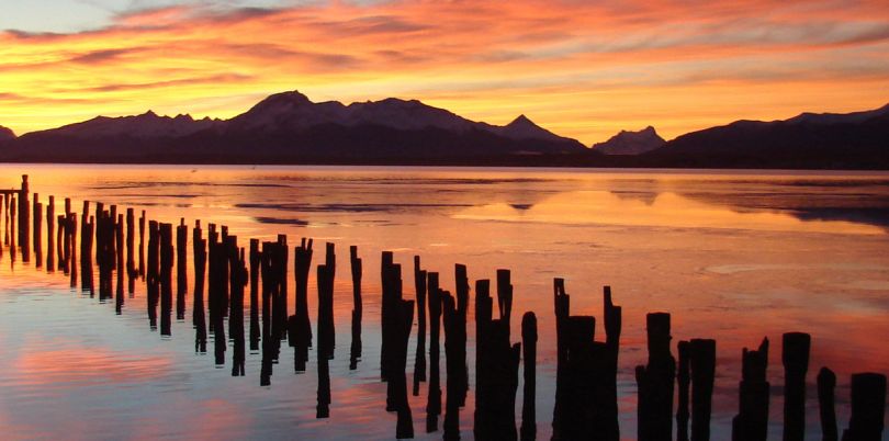 Sunset lake view in Puerto Natales of Chilean Patagonia