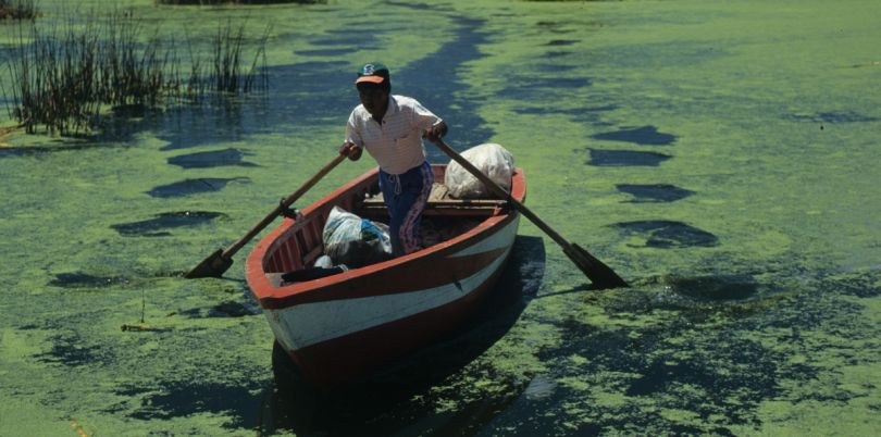 Man in boat on the Titicaca lake in Peru