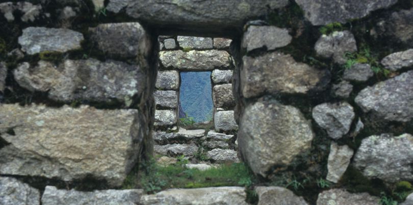 Stone gate at Machu Pichu in Cusco Peru