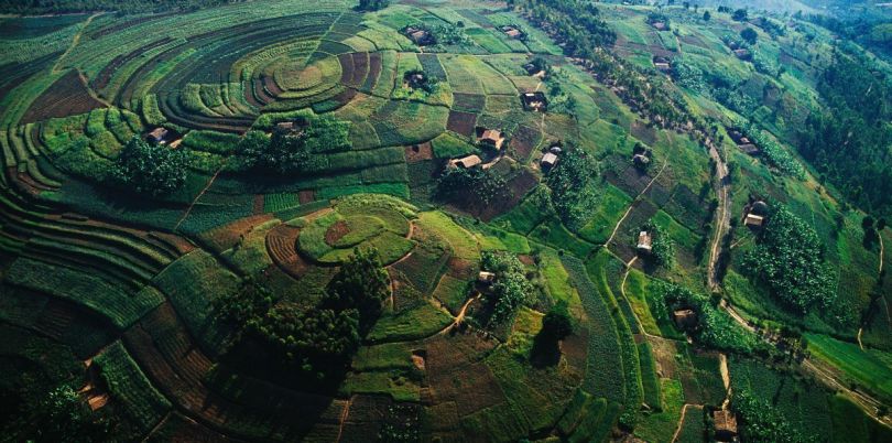 Aerial shot of the farming hills in Rwanda