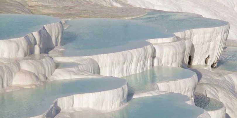 Travertine terraces of Pamukkale Turkey relax in the Greek-Roman spa city Hierapolis